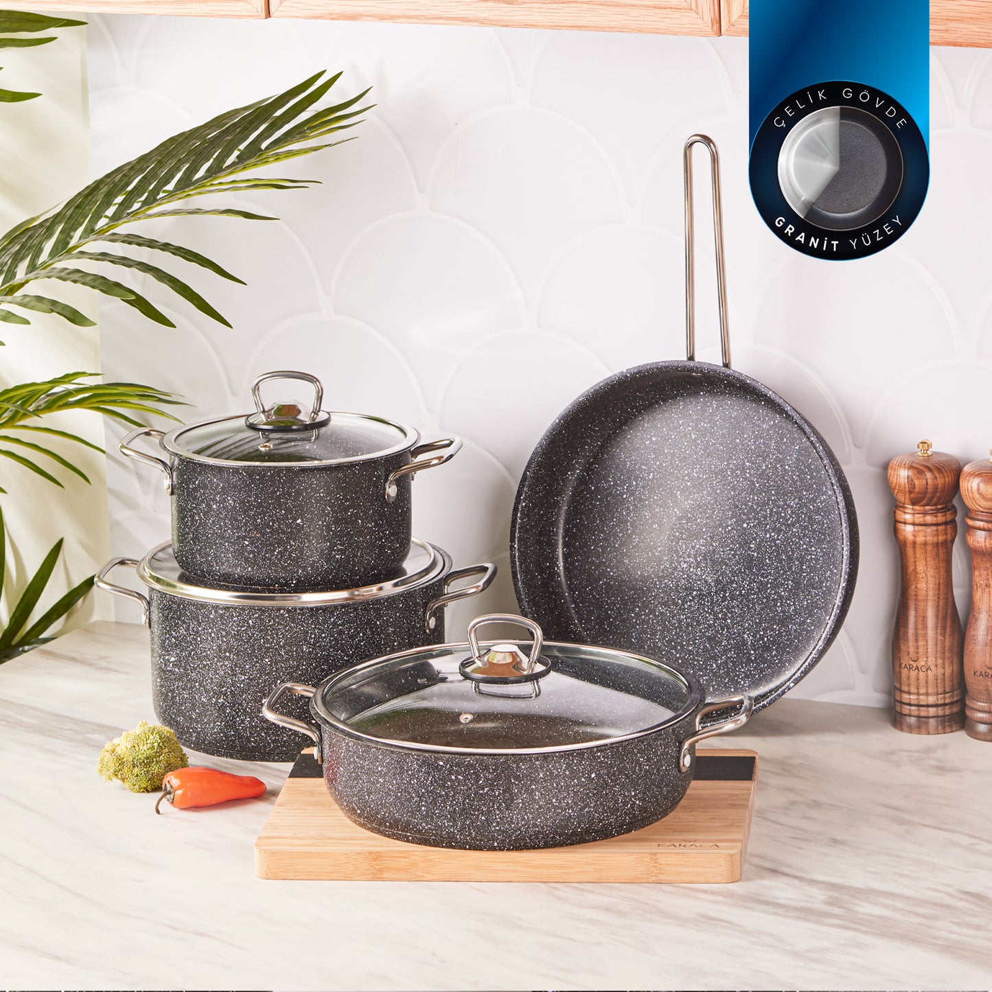 Karaca Biogranite Steel Plus Set 7 de vase de gătit cu inducție antiaderență, Negru