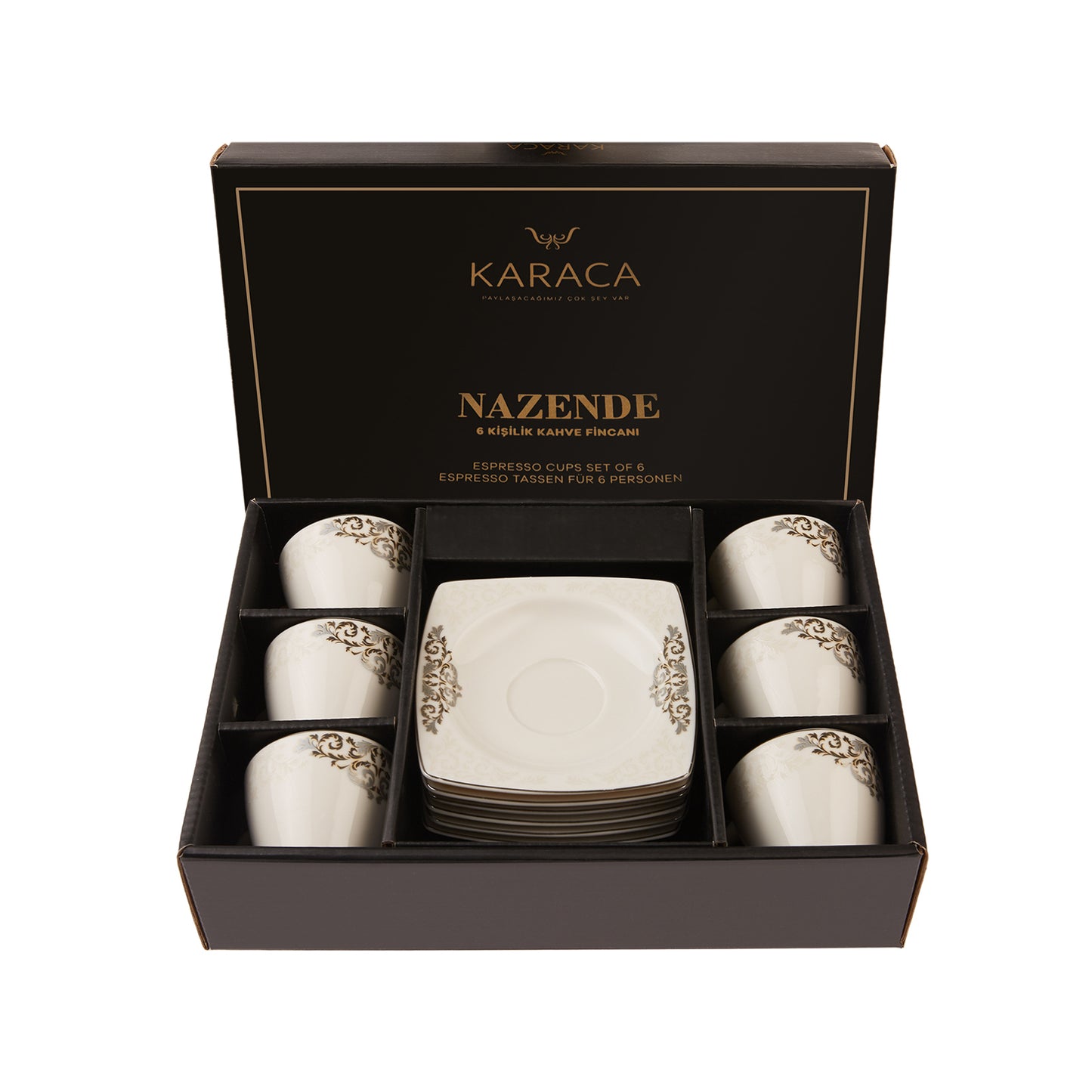 Nazende, 12 Piese, Set cești de Cafea Turcească pentru 6 persoane, 80ML, Alb Platinum