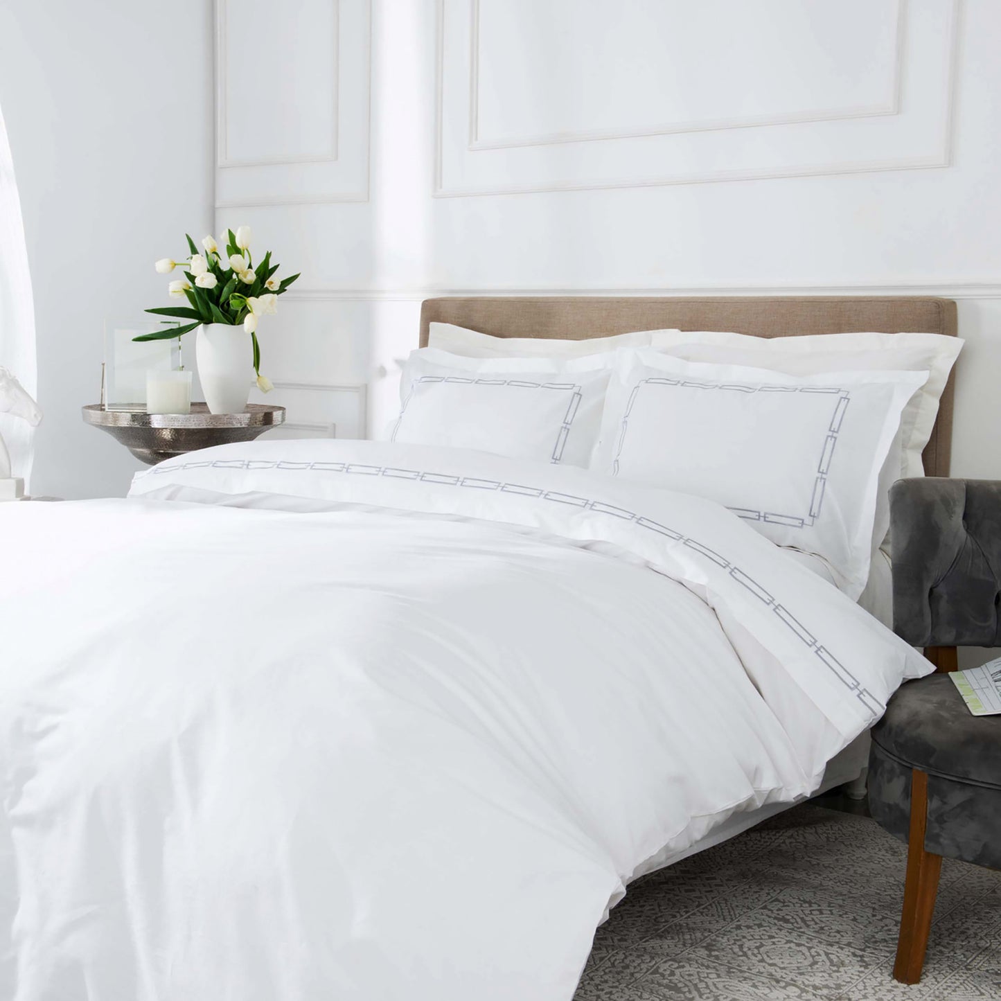 Karaca Home Set cuvertură dublu percal brodat, colecție albă, gri Oriane