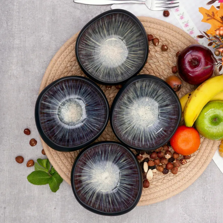 Galactic Reactive Glaze, Cereal Soup Bowl Set for 4 People, 14.5cm, Black Multi