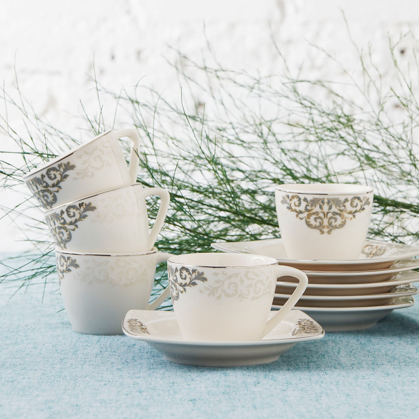 Nazende, 12 Piese, Set cești de Cafea Turcească pentru 6 persoane, 80ML, Alb Platinum