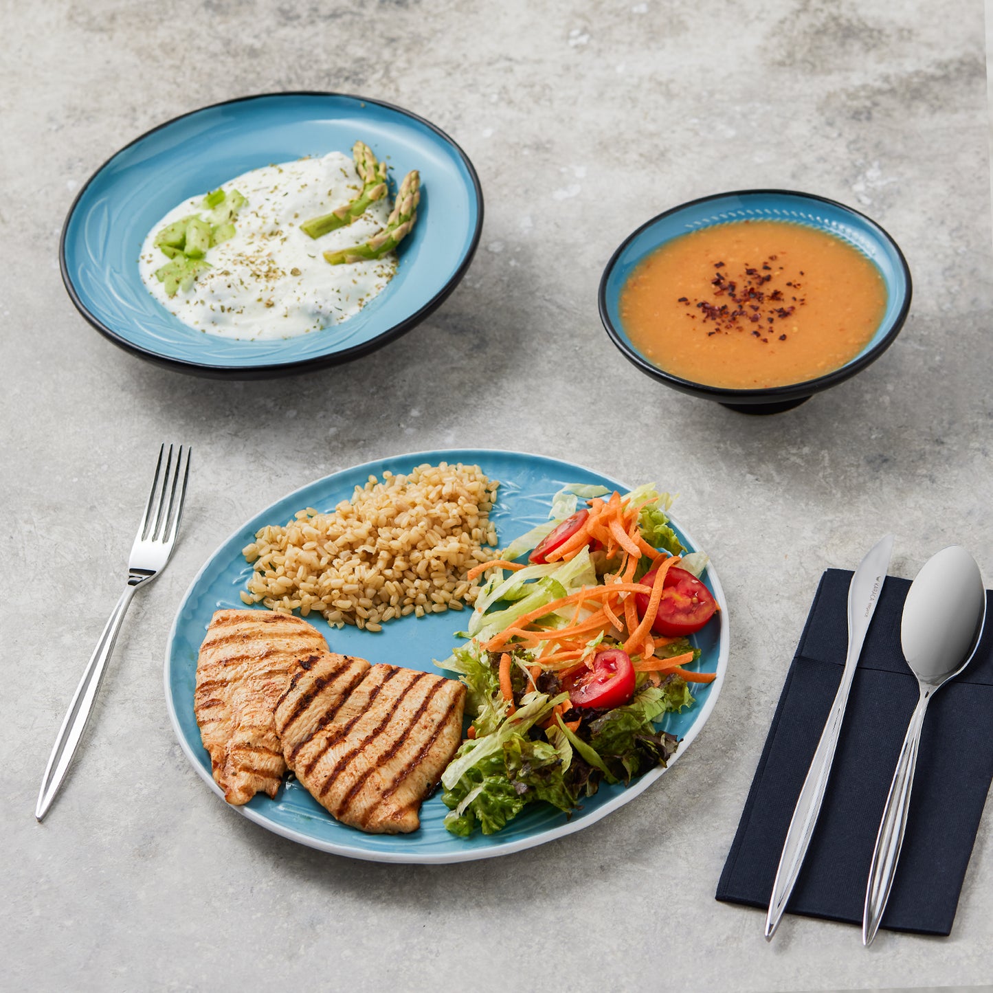 Karaca Fit Collection Stoneware Dinnerware Set for 1, 3 Piece, Blue Black