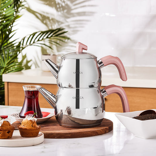 Karaca Stainless Steel Teapot Set, Medium, Rose Silver