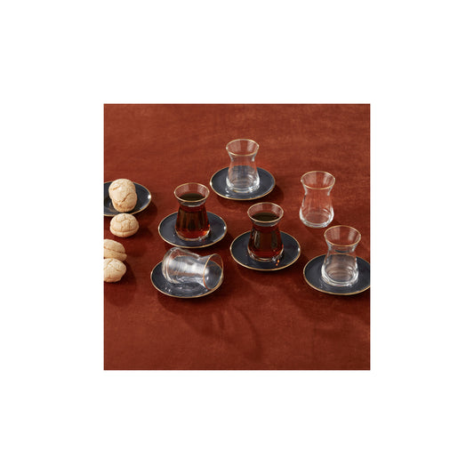 Retro, 12 Piece Glass Turkish Tea Set for 6 People, 50ML, Anthracite Gold