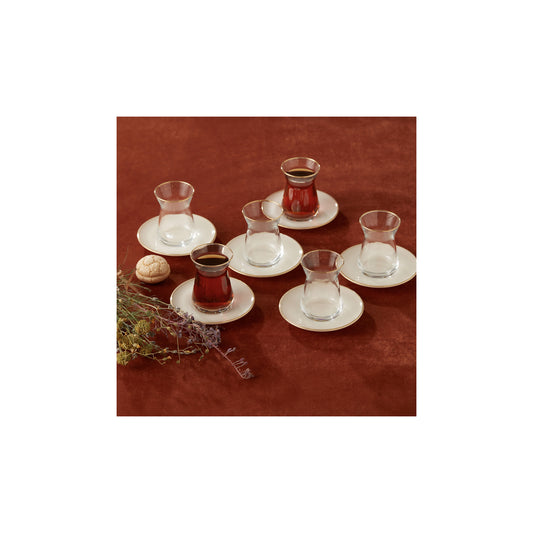 Retro, 12 Piece Glass Turkish Tea Set for 6 People, Beige Gold