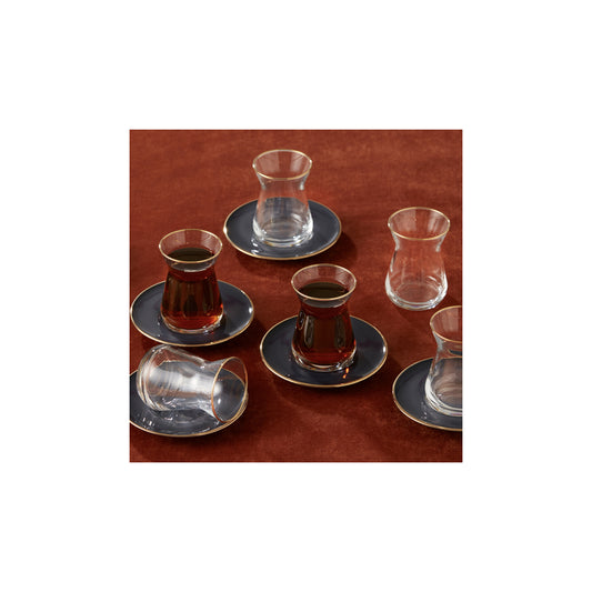 Retro, 12 Piece Glass Turkish Tea Set for 6 People, 50ML, Anthracite Gold