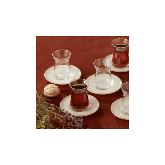 Retro, 12 Piece Glass Turkish Tea Set for 6 People, Beige Gold