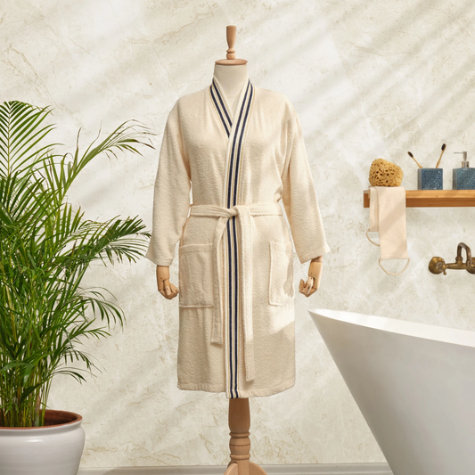 Minka, 100% Cotton Bathrobe, Offwhite Navy Blue