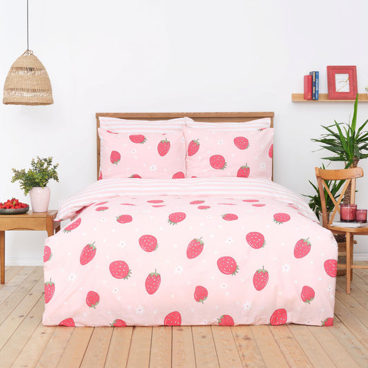 Set De Cuvertură De Plapumă Dublă Sarah Aderson Strawberry Roz 100% Bumbac
