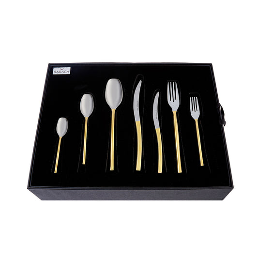 Dora, 84 Piece 316+ Stainless Steel Cutlery Set for 12 People, Silver Gold