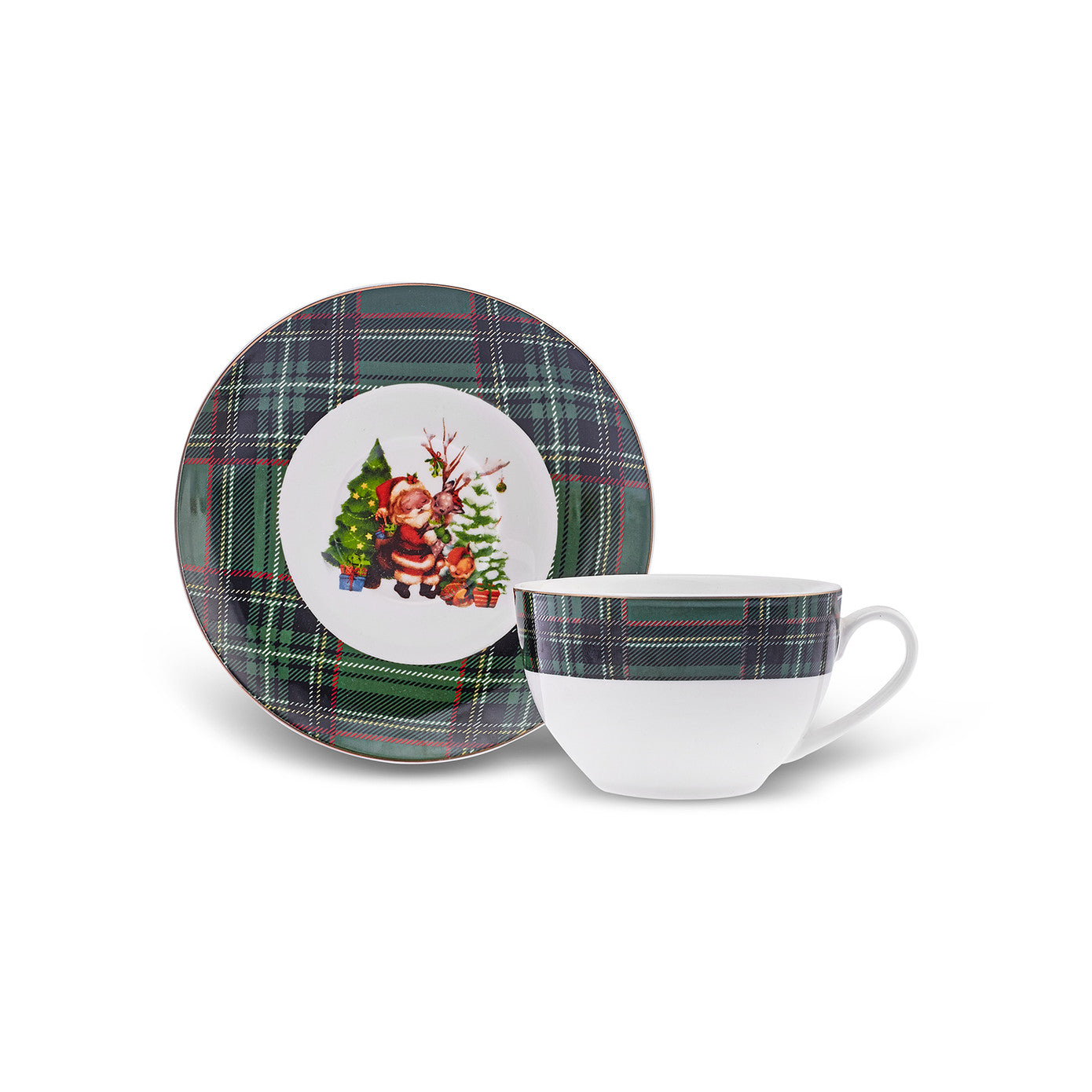 Plaid Tea Cup and Saucer Green 220m