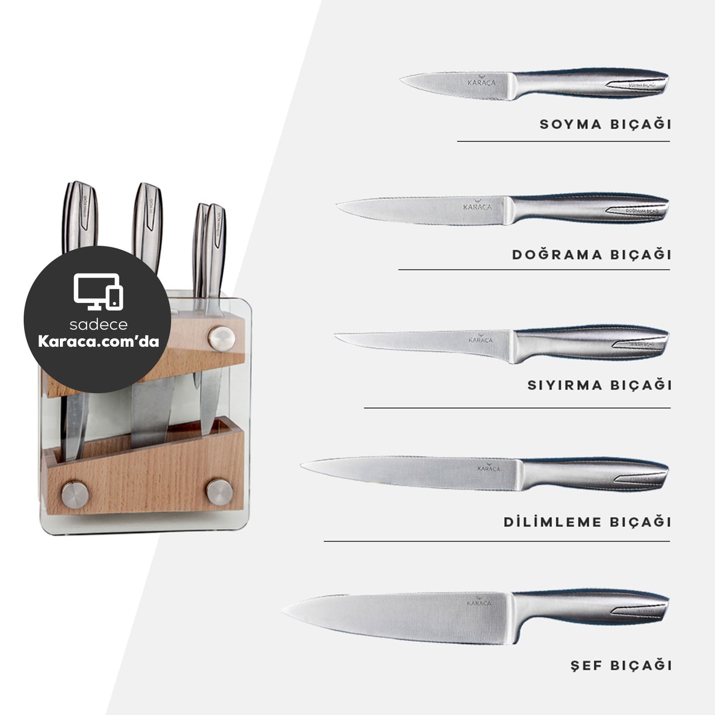 Karaca Venus Knife Set with Block, 6 Piece, Silver