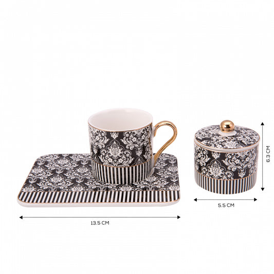 Karaca Queen Black Porcelain Coffee Cup Set with Turkish Delight Bowl for 2 Person 90 ml