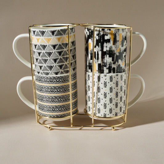 Nigrum, 4 Piece Mug Set with Stand, 320ML, Multi