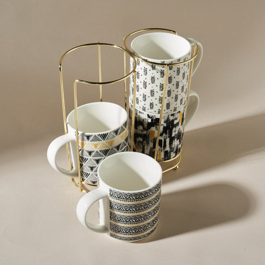 Nigrum, 4 Piece Mug Set with Stand, 320ML, Multi