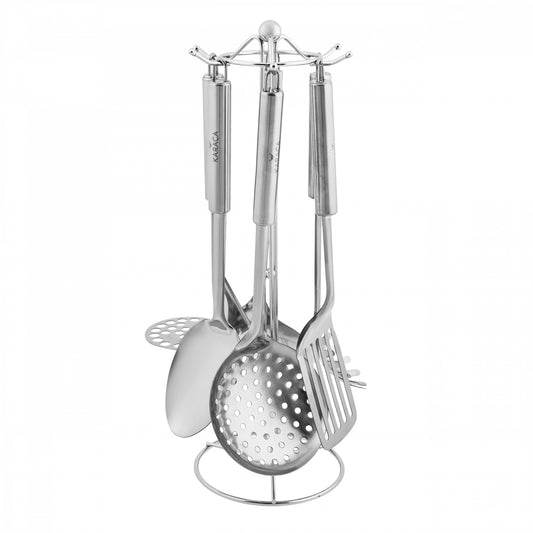 Karaca Chef Stainless Steel Kitchen Utensil Set with Stand, 6 Piece, Silver