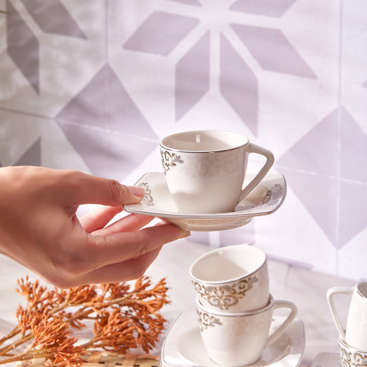 Karaca Porcelain Espresso Turkish Coffee Cup Set of 6, 12 Piece, 80ml, White Platinum
