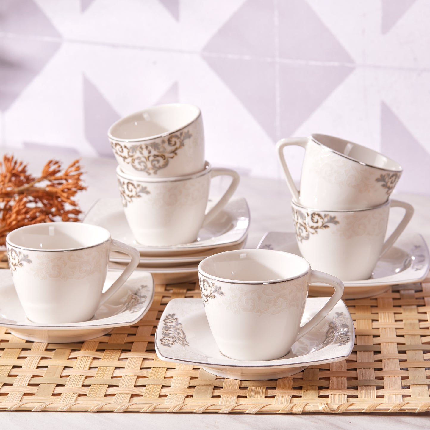 Nazende, 12 Piece Porcelain Espresso Turkish Coffee Cup Set for 6 People, 80ML, White Platinum