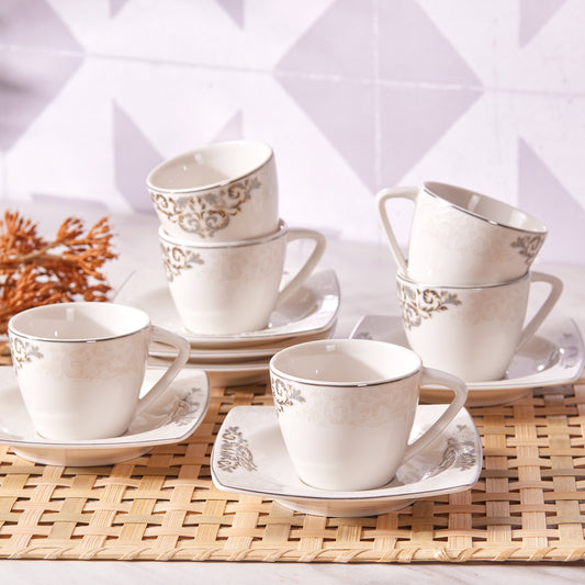 Nazende, 12 Piece Porcelain Espresso Turkish Coffee Cup Set for 6 People, 80ML, White Platinum