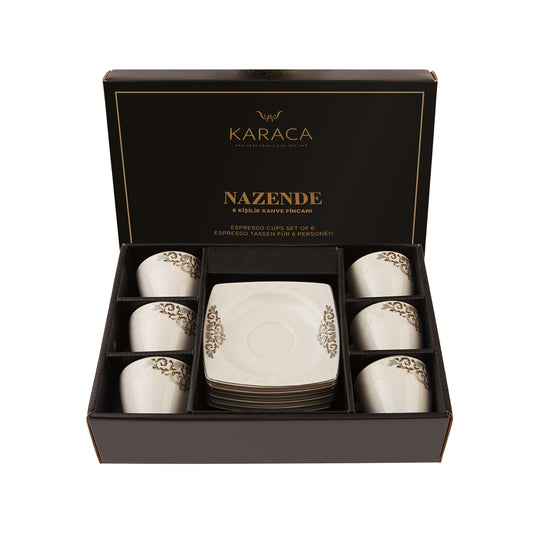 Nazende, 12 Piece Porcelain Espresso Turkish Coffee Cup Set for 6 People, 80ML, White Platinum