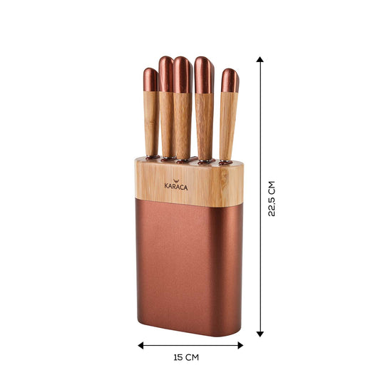 Karaca Maple Knife Set with Block, 5 Piece, Rose Gold