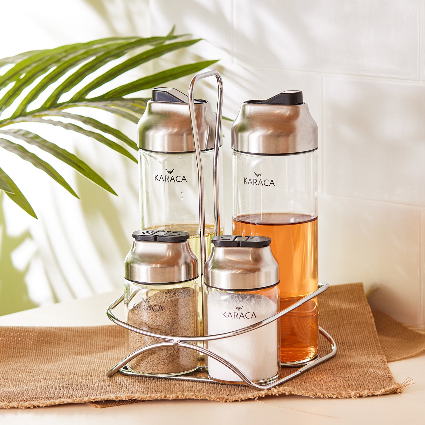 Karaca Dimple Salad Set with Stand, 4 Piece, Silver