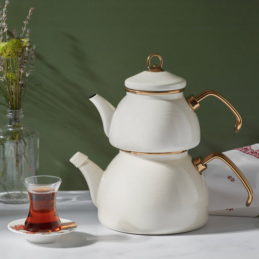 Karaca Retro Enamel Teapot Set, Cream