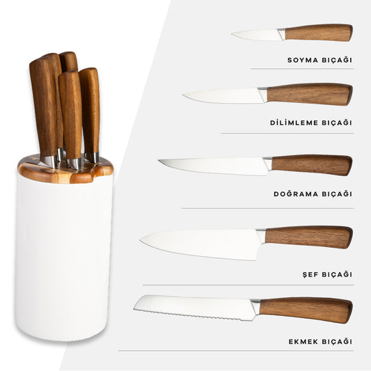 Karaca Swan Knife Set with Block, 6 Piece, White