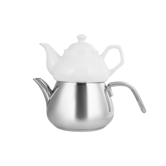 Karaca Stainless Steel Teapot Set with Porcelain Teapot, 3 Piece, Medium, Silver