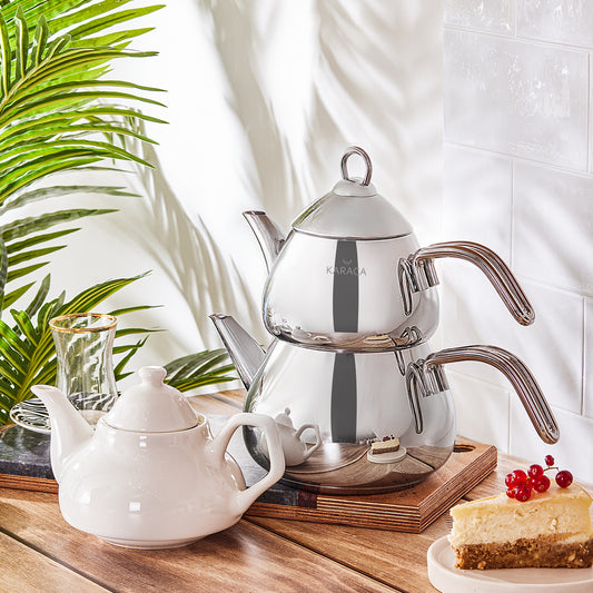 Karaca Stainless Steel Teapot Set with Porcelain Teapot, 3 Piece, Medium, Silver