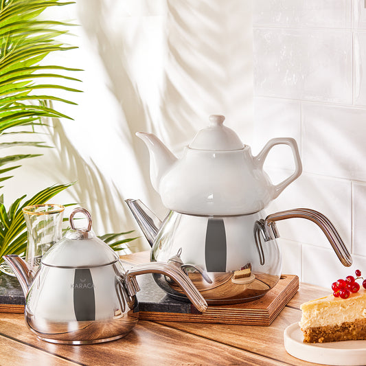 Karaca Stainless Steel Teapot Set with Porcelain Teapot, 3 Piece, Medium, Silver