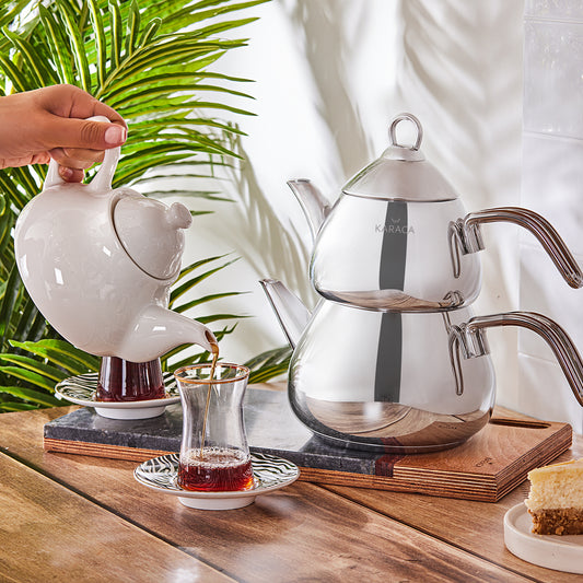 Karaca Stainless Steel Teapot Set with Porcelain Teapot, 3 Piece, Medium, Silver