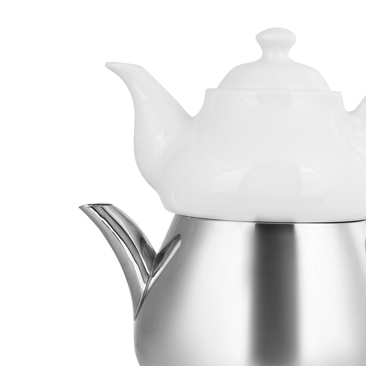 Karaca Stainless Steel Teapot Set with Porcelain Teapot, 3 Piece, Medium, Silver