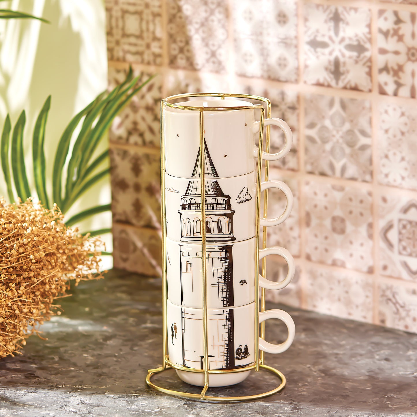 Karaca Galata 4 Piece Porcelain Mug With Stand 160 ml