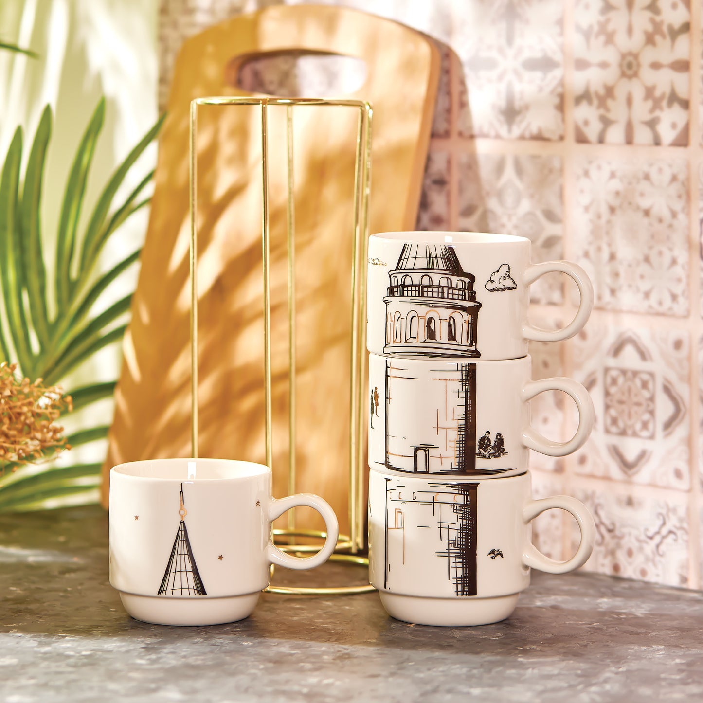 Karaca Galata 4 Piece Porcelain Mug With Stand 160 ml
