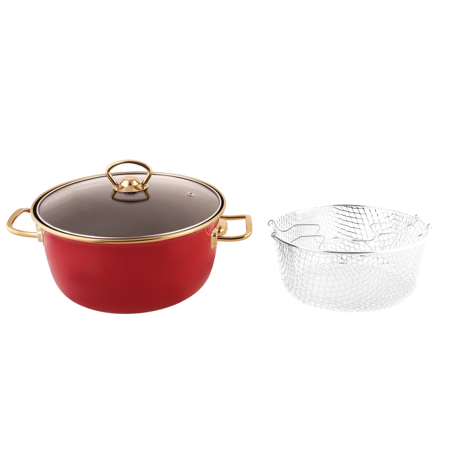 Karaca, Kitchen Lover Retro, Friteuza cu capac si cos pentru prajit, Emailat, Rosu, 22 cm, 4 l