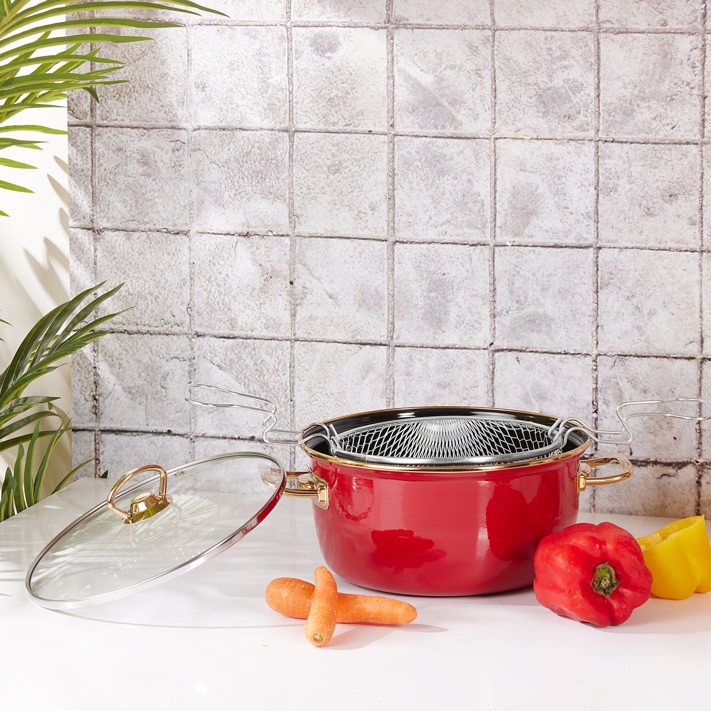 Karaca, Kitchen Lover Retro, Friteuza cu capac si cos pentru prajit, Emailat, Rosu, 22 cm, 4 l