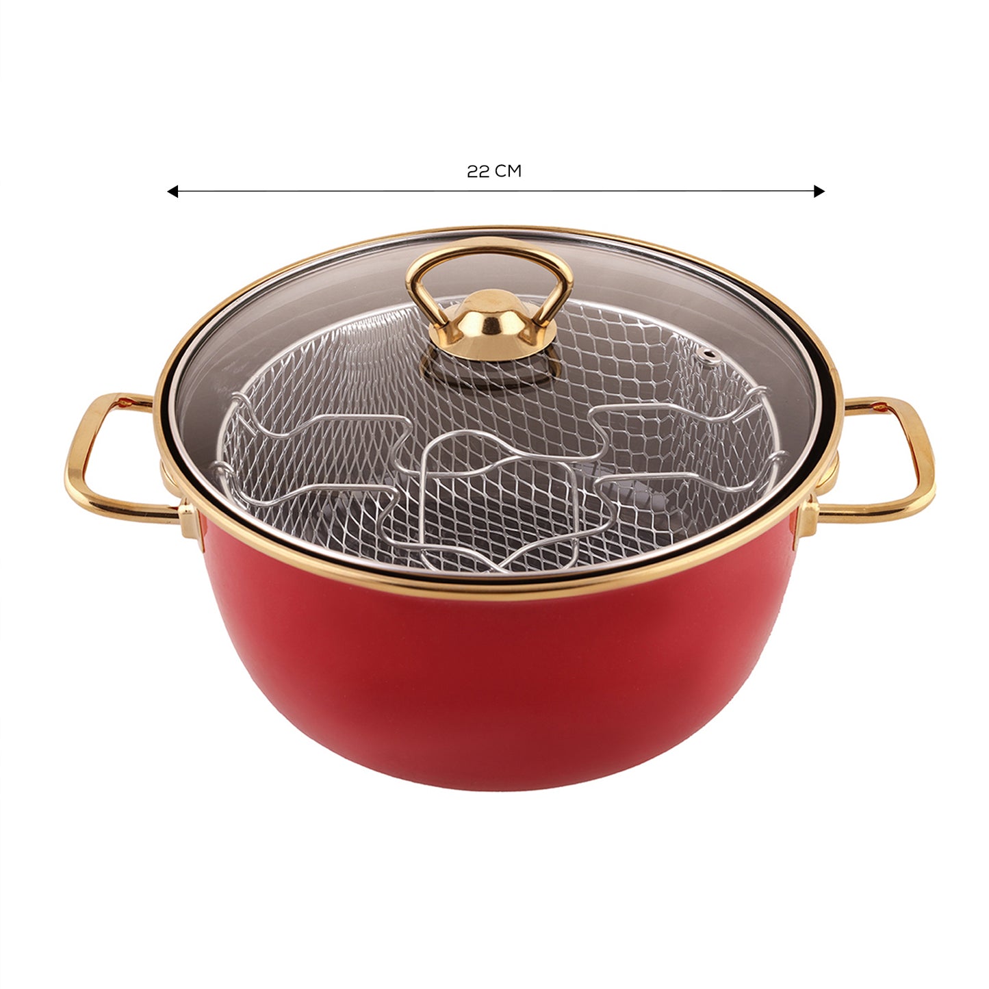 Karaca, Kitchen Lover Retro, Friteuza cu capac si cos pentru prajit, Emailat, Rosu, 22 cm, 4 l