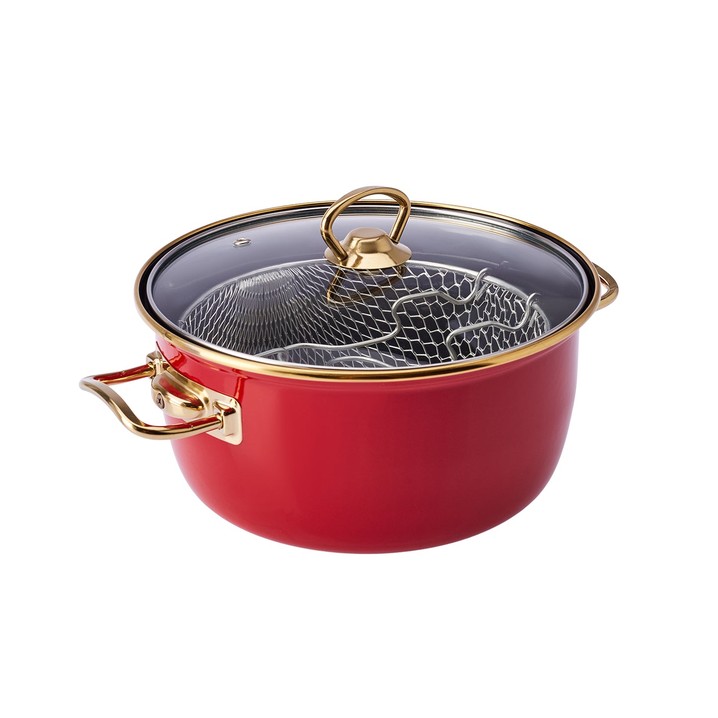 Karaca, Kitchen Lover Retro, Friteuza cu capac si cos pentru prajit, Emailat, Rosu, 22 cm, 4 l