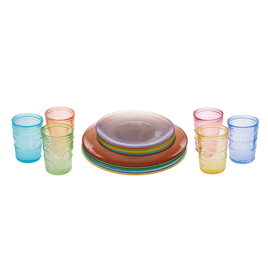 Festival, 18 Piece Glass Dinner and Cake Set for 6 People, Multi
