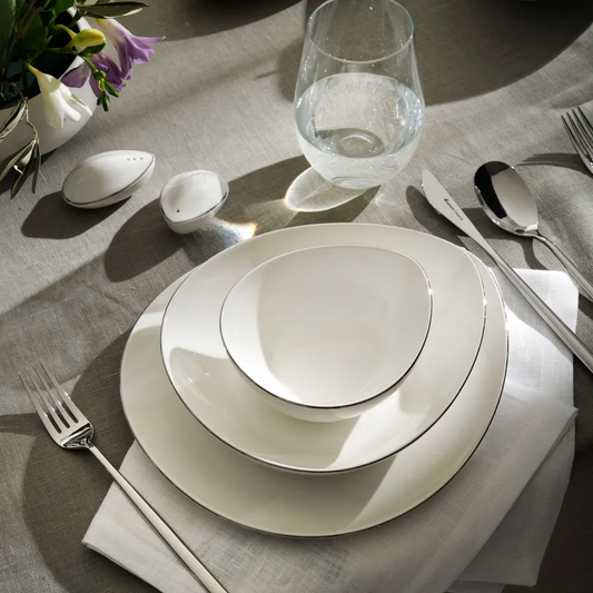 Streamline Saki, 59 Piece New Generation Bone Dinner Set for 12 People, White Gold