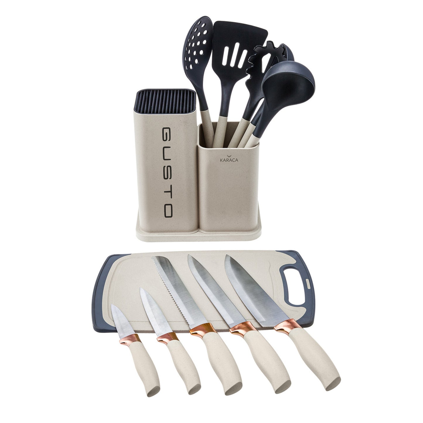 Set De Cuțite (12 Piese) Și Tocător Karaca Gusto, Crem
