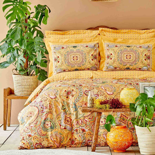 Karaca Home Set cuvertură dublă de pilota Manas Mustard 100% bumbac
