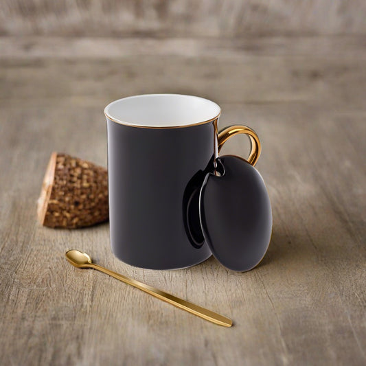 Karaca Pastel Porcelain Mug with Lid and Spoon, 350ml, Black Gold