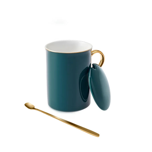 Karaca Pastel Petrol Green Knight Lid and Spoon Mug 400 ml