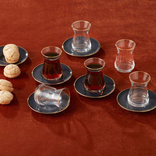 Retro, 12 Piece Glass Turkish Tea Set for 6 People, 50ML, Anthracite Gold