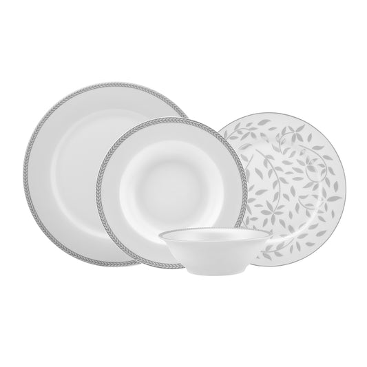 Roseanne, 24 Piece Porcelain Dinner Set for 6 People, White Platinum