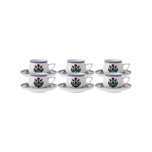 Karaca Çini set de 6 cești de cafea turcească Espresso din porțelan , 12 bucăți, 90ml, White Multi