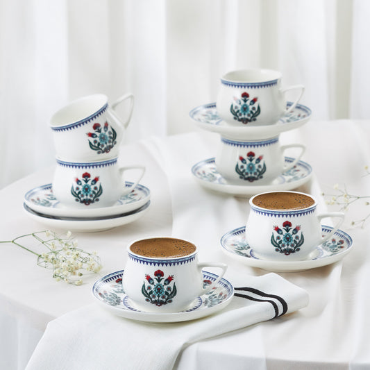 Karaca Çini set de 6 cești de cafea turcească Espresso din porțelan , 12 bucăți, 90ml, White Multi