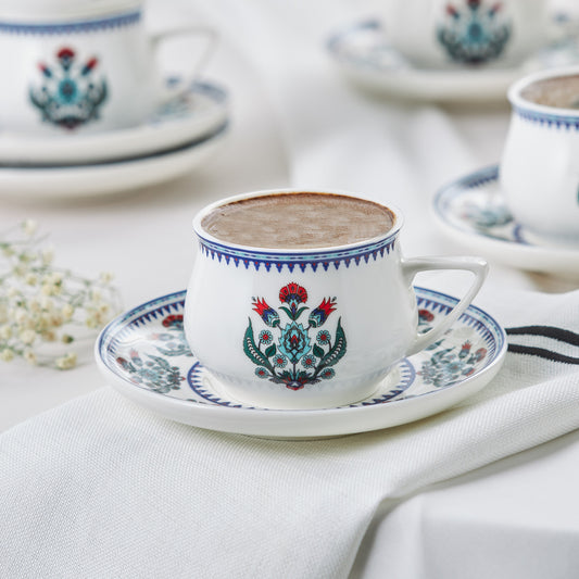 Karaca Çini set de 6 cești de cafea turcească Espresso din porțelan , 12 bucăți, 90ml, White Multi